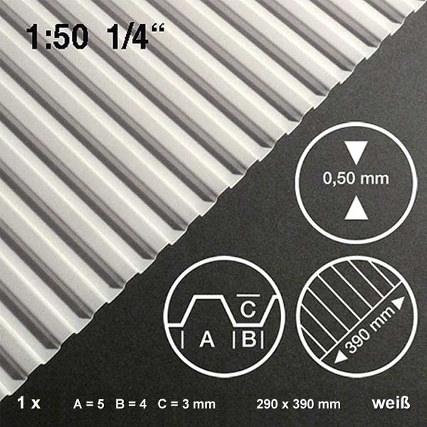 Stärke 0,5 mm PS-Wellblech 2,0 mm weiß 29 x 39 cm Welle A = 2,0 mm 